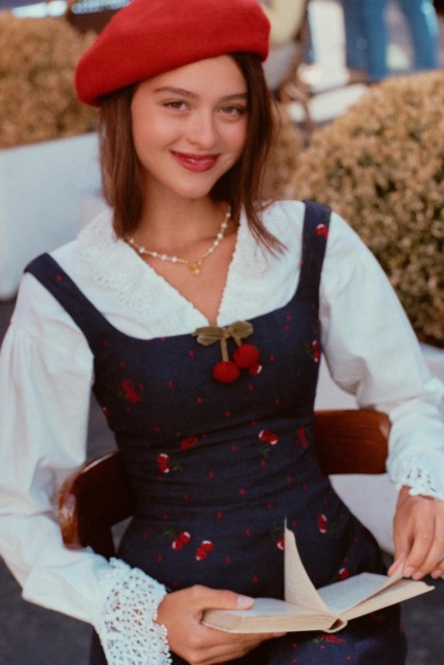 Cherry Lace Embroidered Denim Dress Set-Up