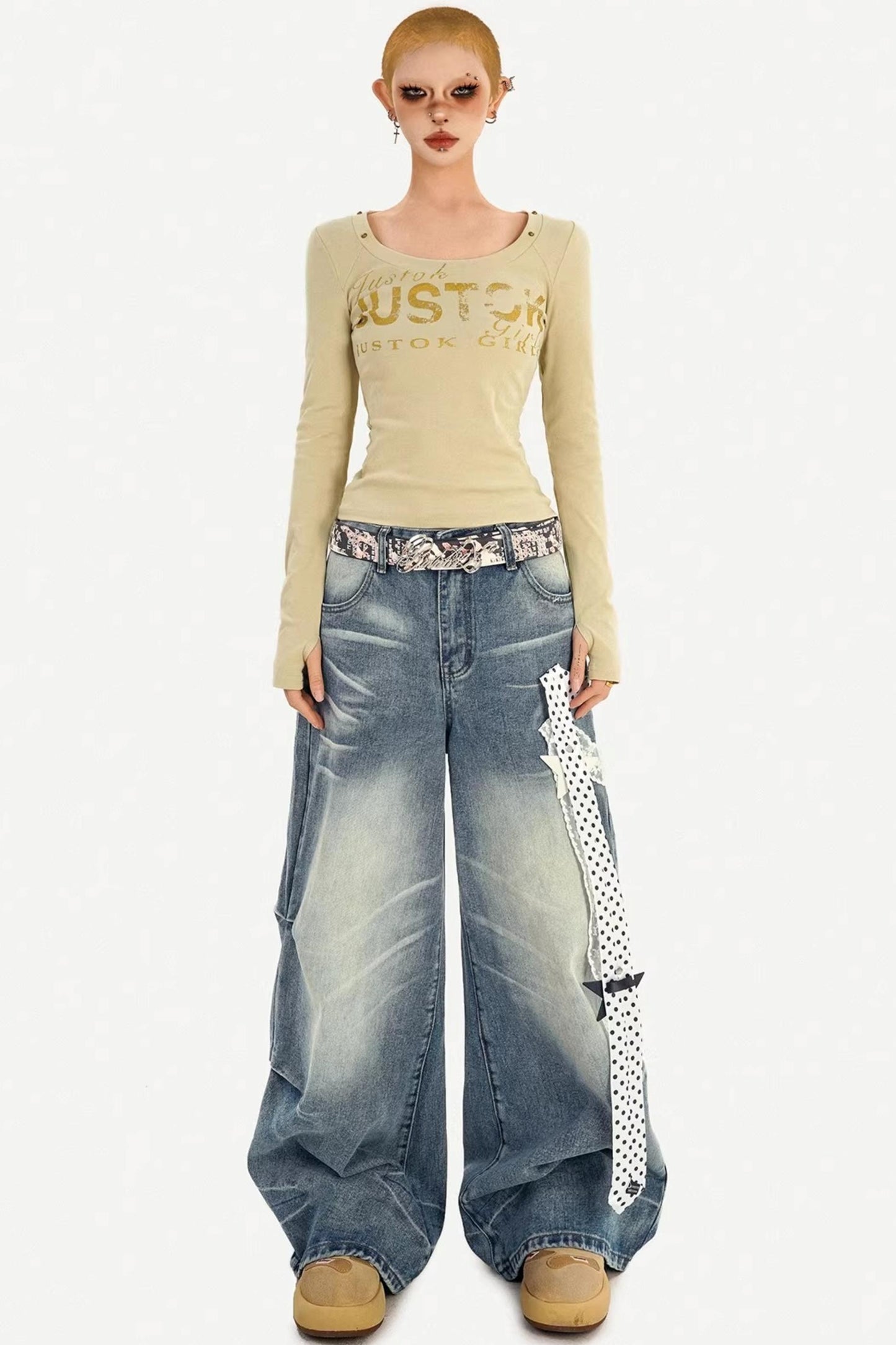 Textured Wide-Leg Denim Pants