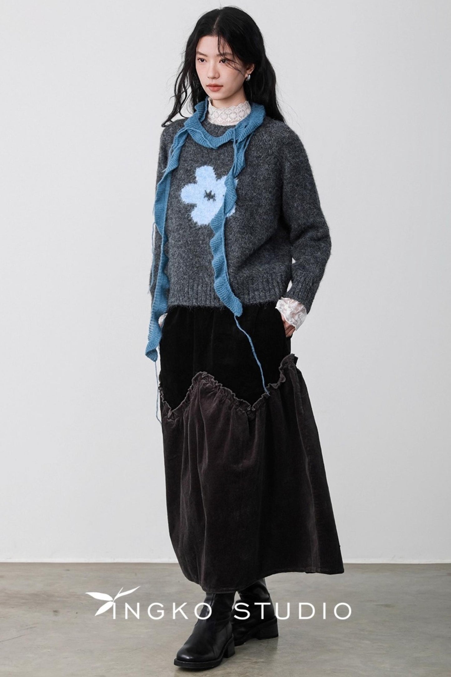 Gray Coffee Spliced Corduroy Skirt