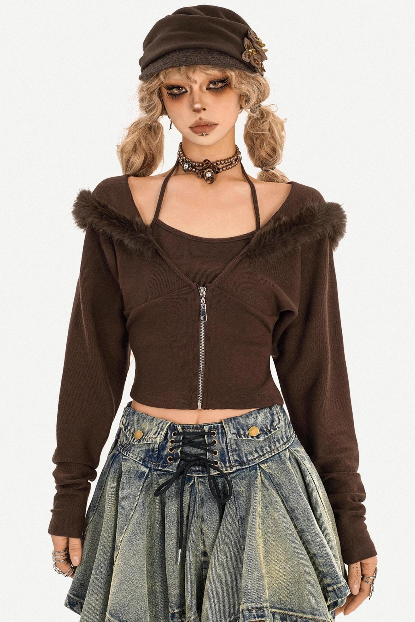 Dark Brown Patchwork Knit Sweater Set