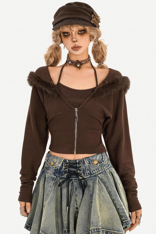 Dark Brown Patchwork Knit Sweater Set