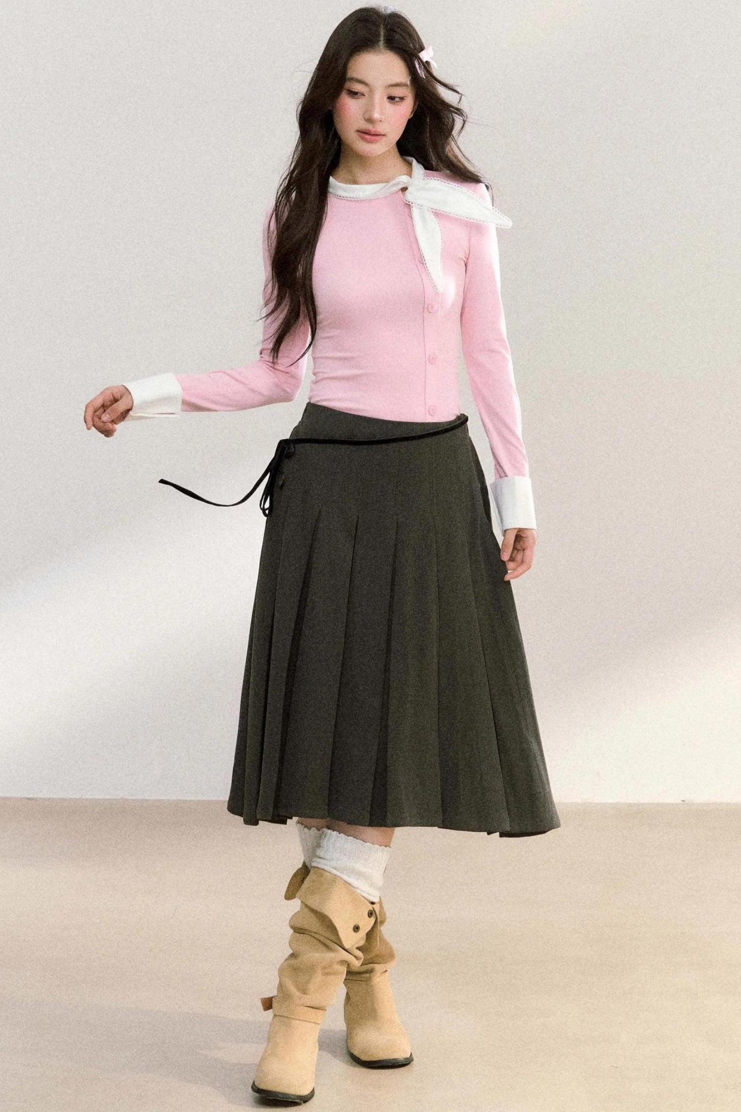 Edge Strap Pleated Midi Skirt