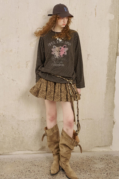 Bear Print Striped Long Sleeve T-Shirt