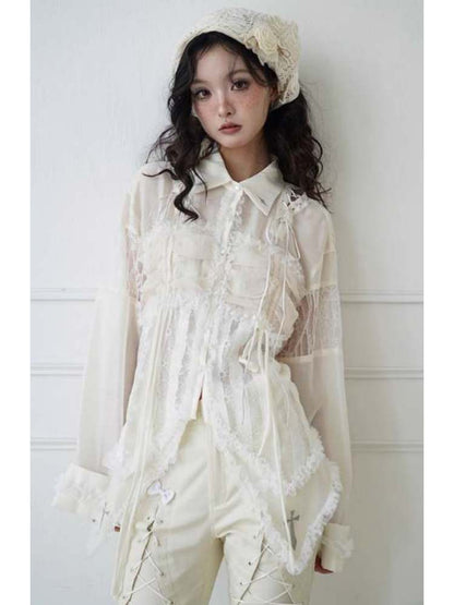 Lace-Up Crosses Embroidery Chiffon Lace Trim Shirt