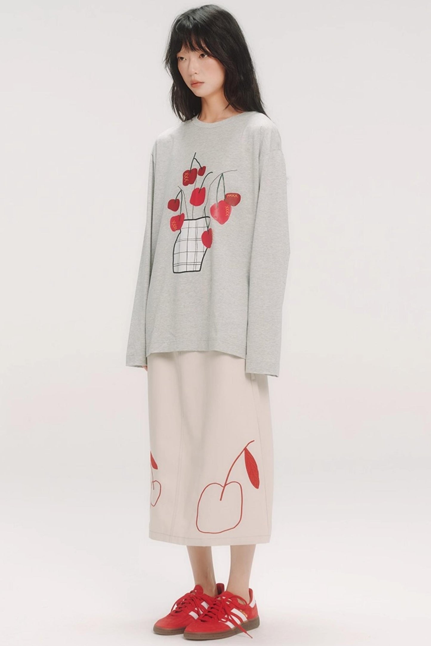 Red Cherry Embroidered Midi Skirt