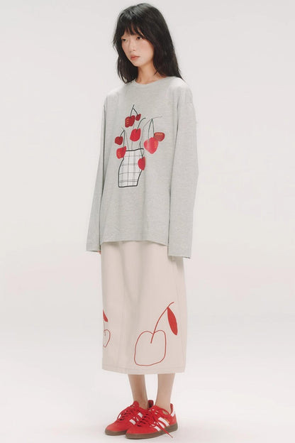 Red Cherry Embroidered Midi Skirt