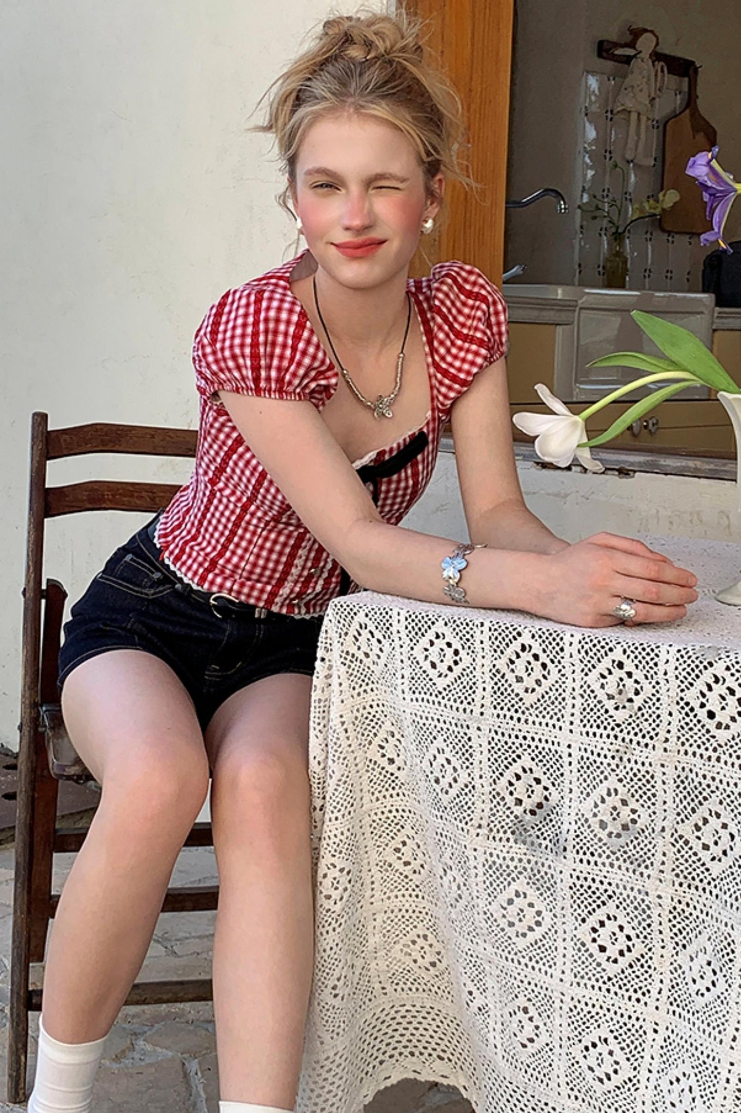 Pink Lace Bubble Sleeve Top