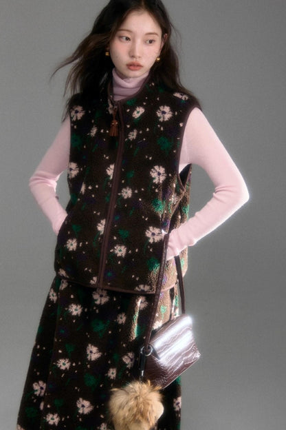 Floral Faux Lamb Wool Vest Jacket Set-Up