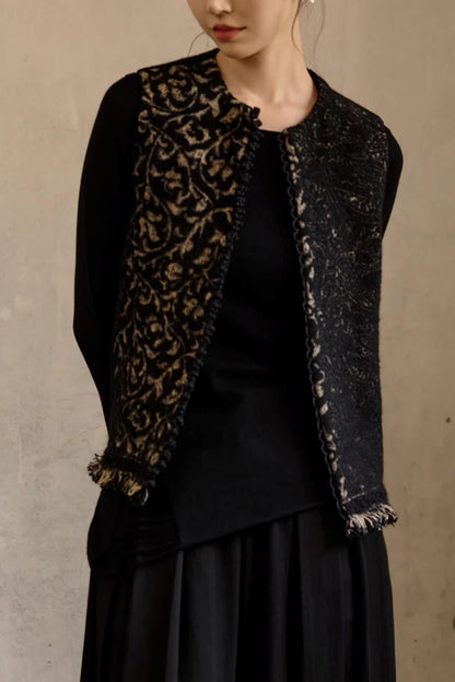 Schwarze Woll-Vintage-Jacquard-Weste Jacke