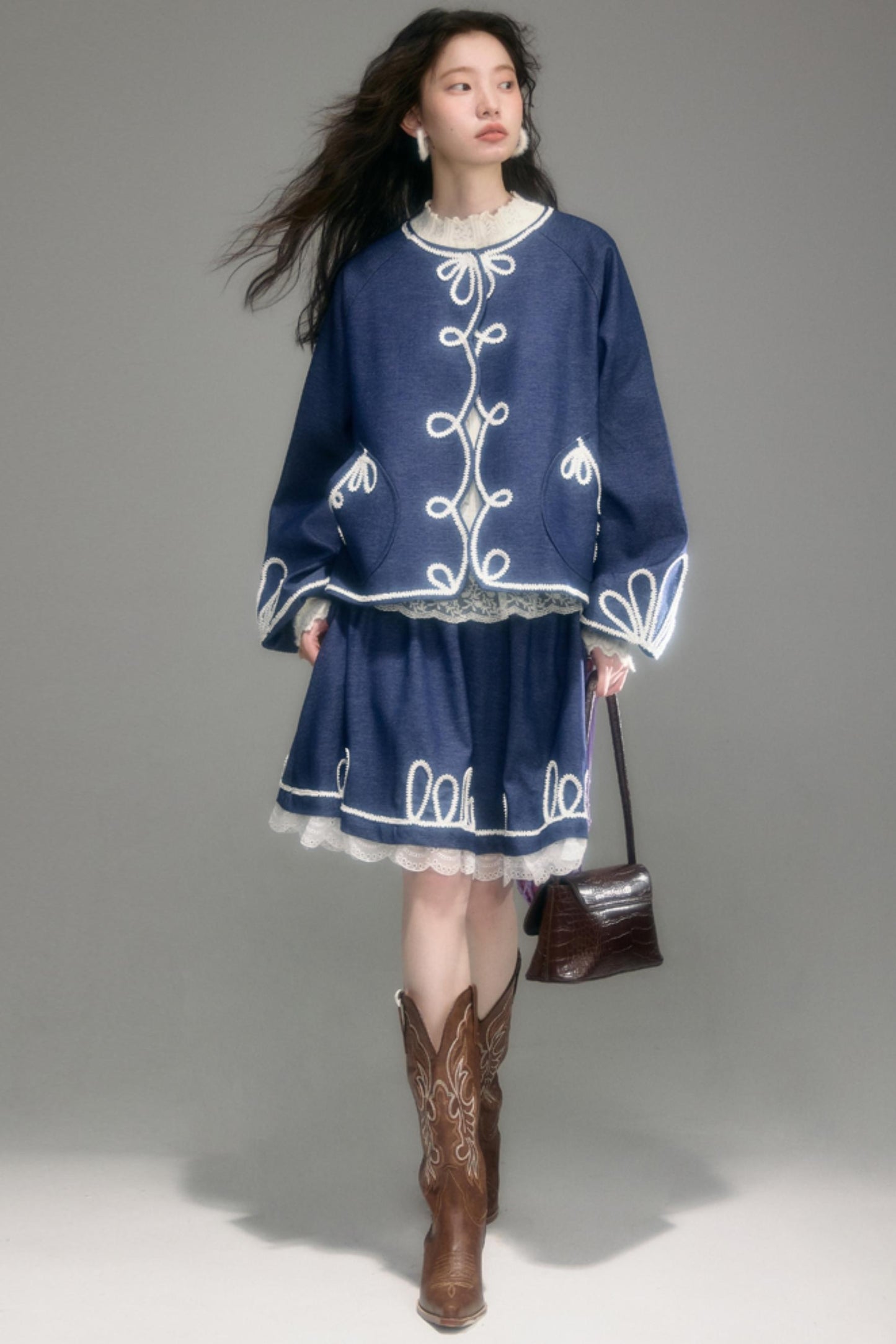 Embroidered Patchwork Denim A-Line Skirt