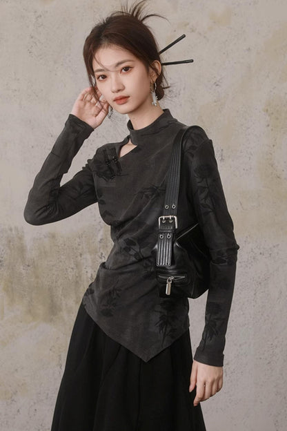 Hollow Design Long-Sleeved Chinese Top