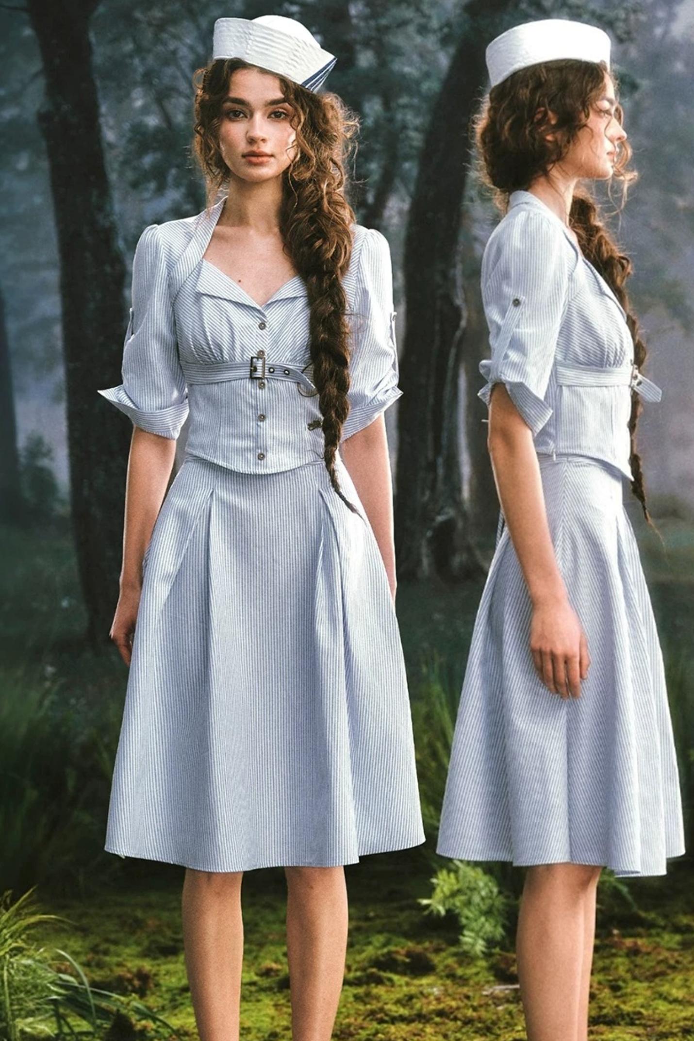 French Old Money Blue Shirt Skirt Set-Up