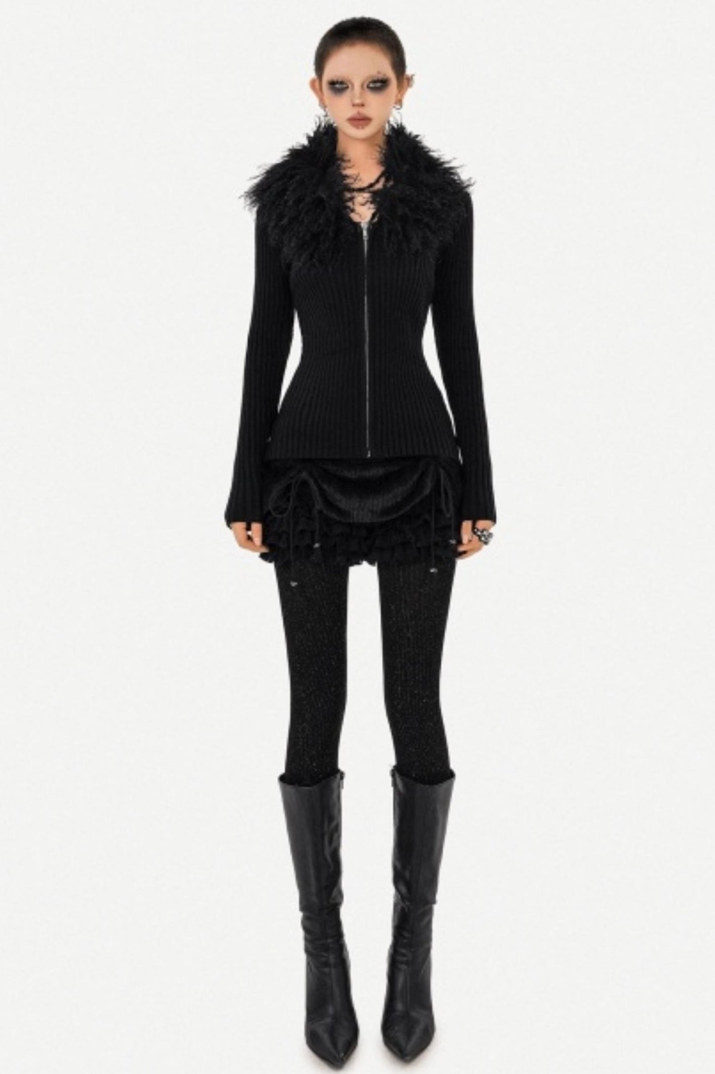 Black Fur Collar Knitted Cardigan