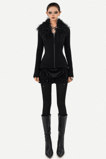 Black Fur Collar Knitted Cardigan