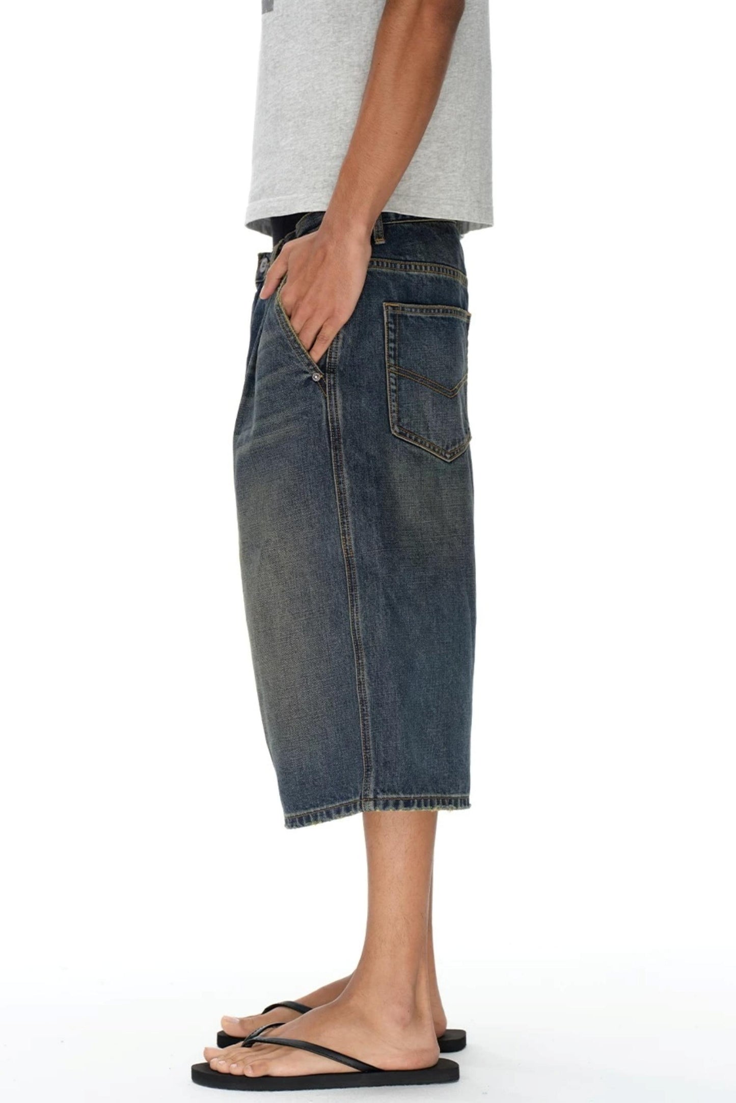Pleated Distressed Denim Shorts