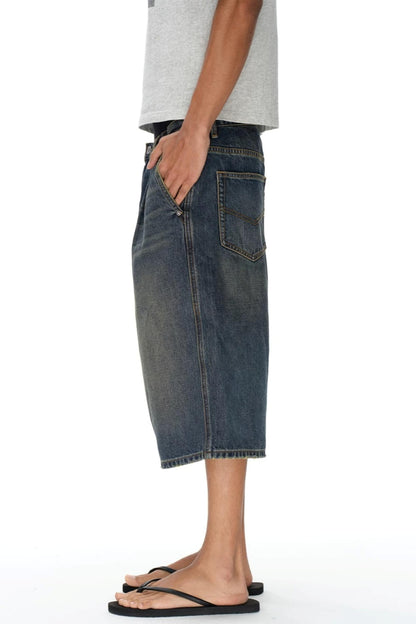Pleated Distressed Denim Shorts
