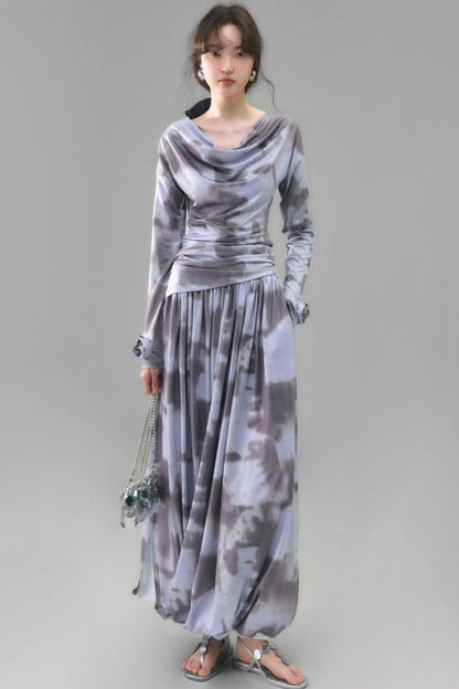 Poetic Swing Collar Print T-Shirt & Skirt Set-Up