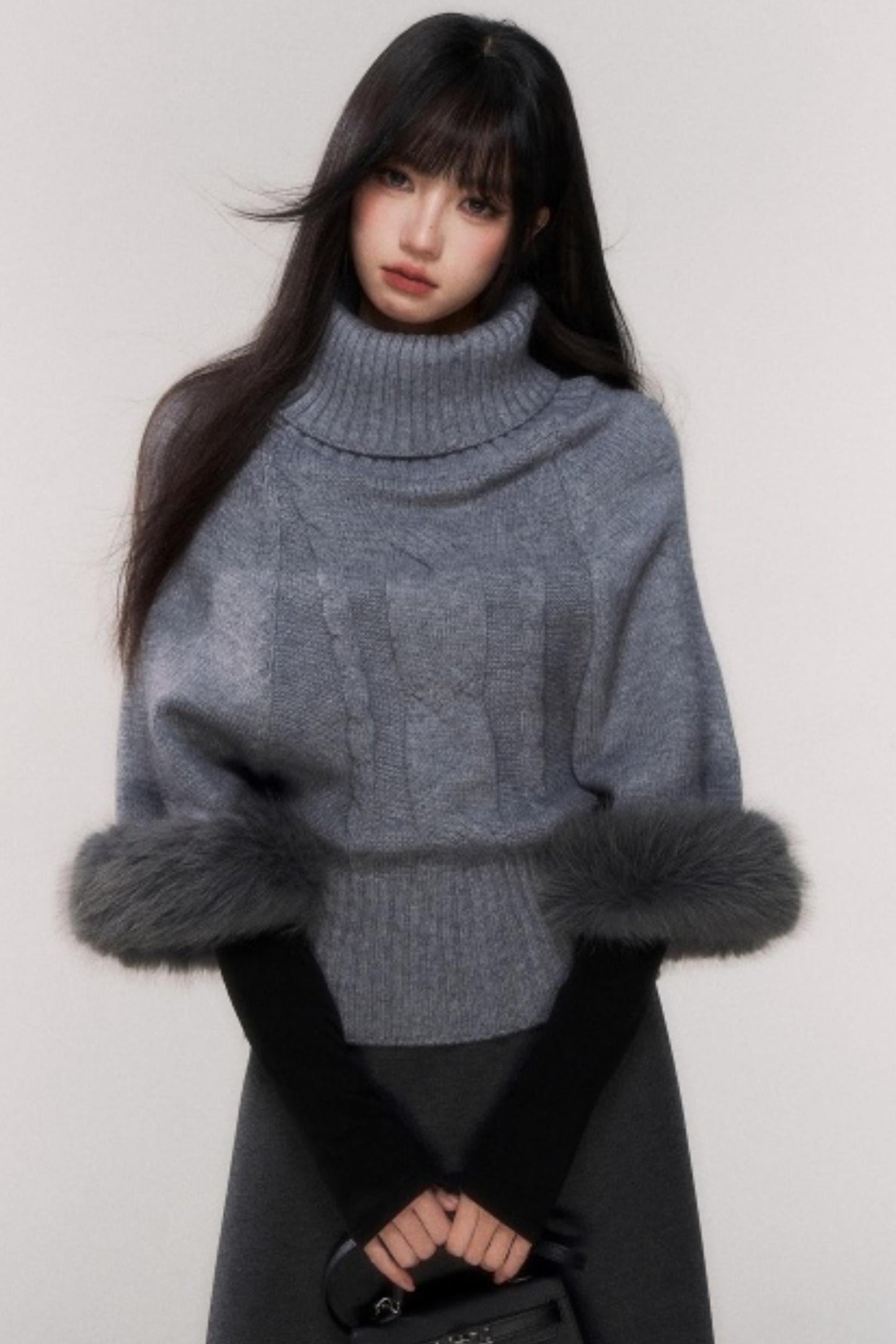 Gray Turtleneck Batwing Sweater
