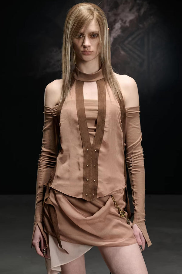 Imitation Suede Chiffon Off-Shoulder Top