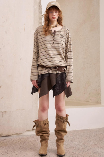 Vintage Brown Striped Loose T-Shirt