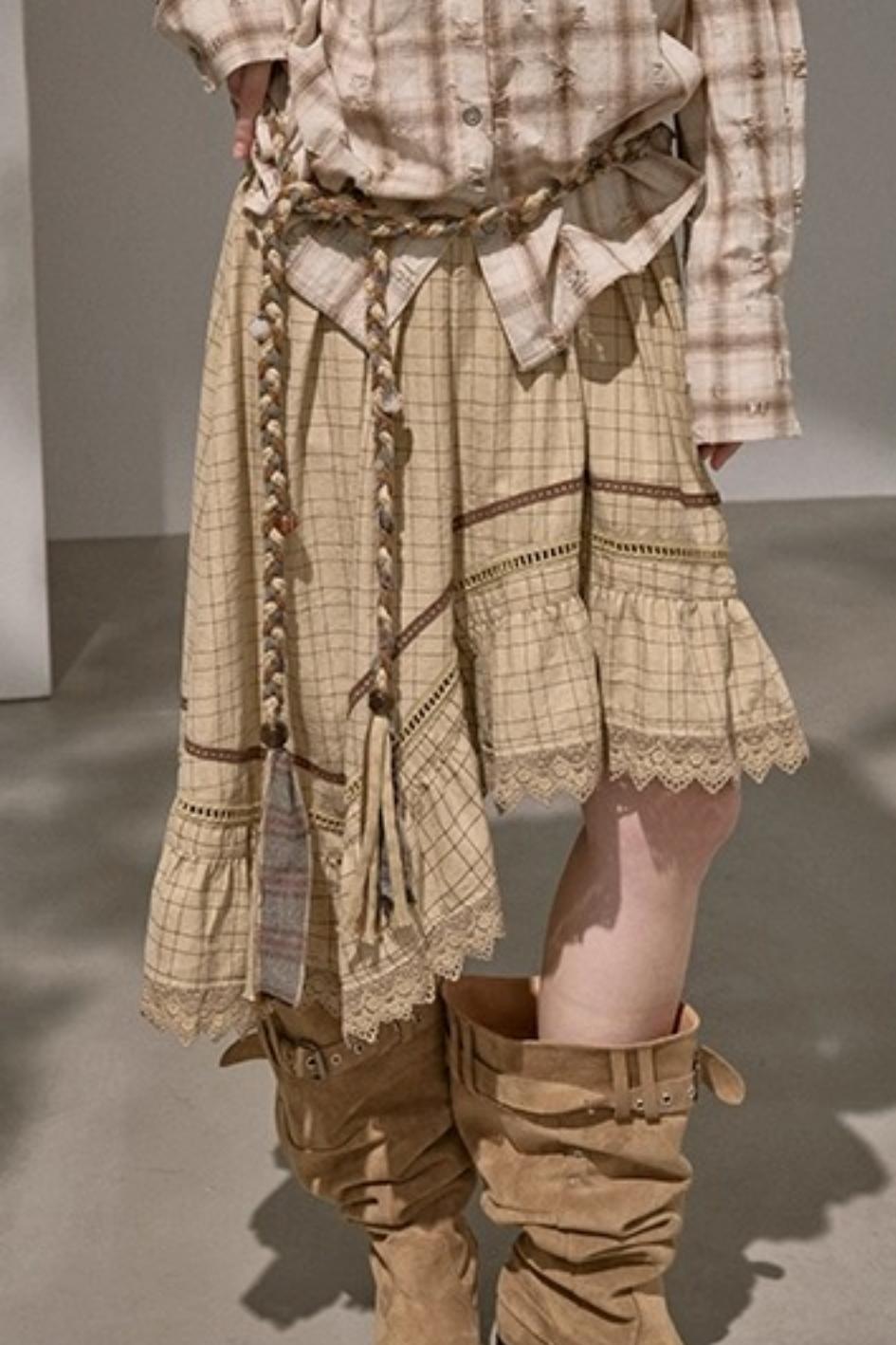 Wave Stitching Plaid Midi Skirt