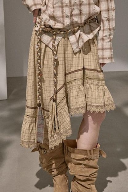 Wave Stitching Plaid Midi Skirt