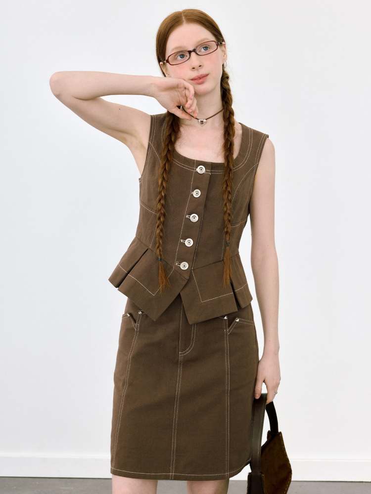 U-Neck Front Button Stitch Short Vest