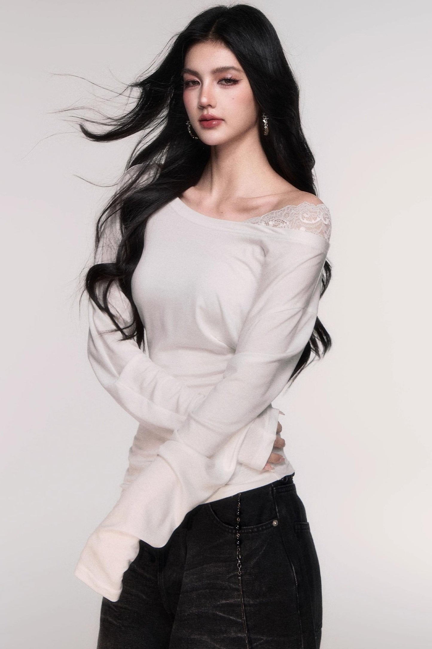 Tencel Panelled Lace Cross-Shoulder Top