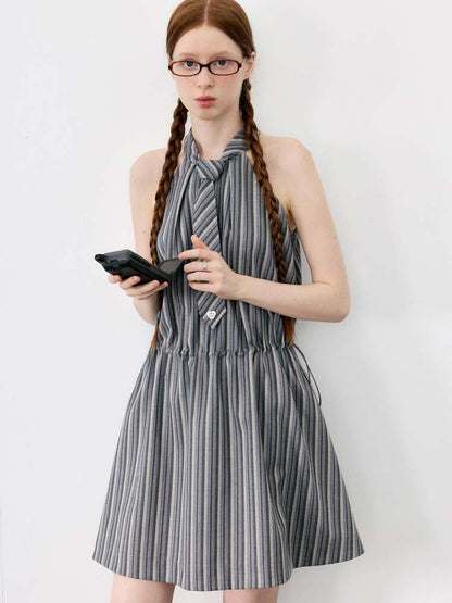 Halter Neck Tie Sleeveless Striped A-Line Dress