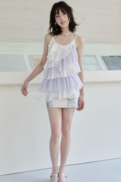 Blue Checkered Chiffon Ruffled Top