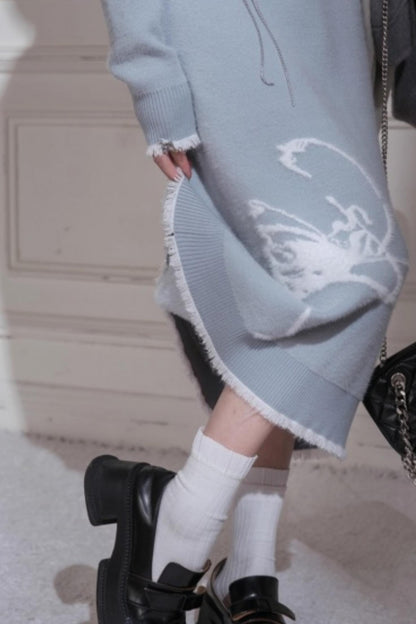 White Butterfly Blue Woolen Dress