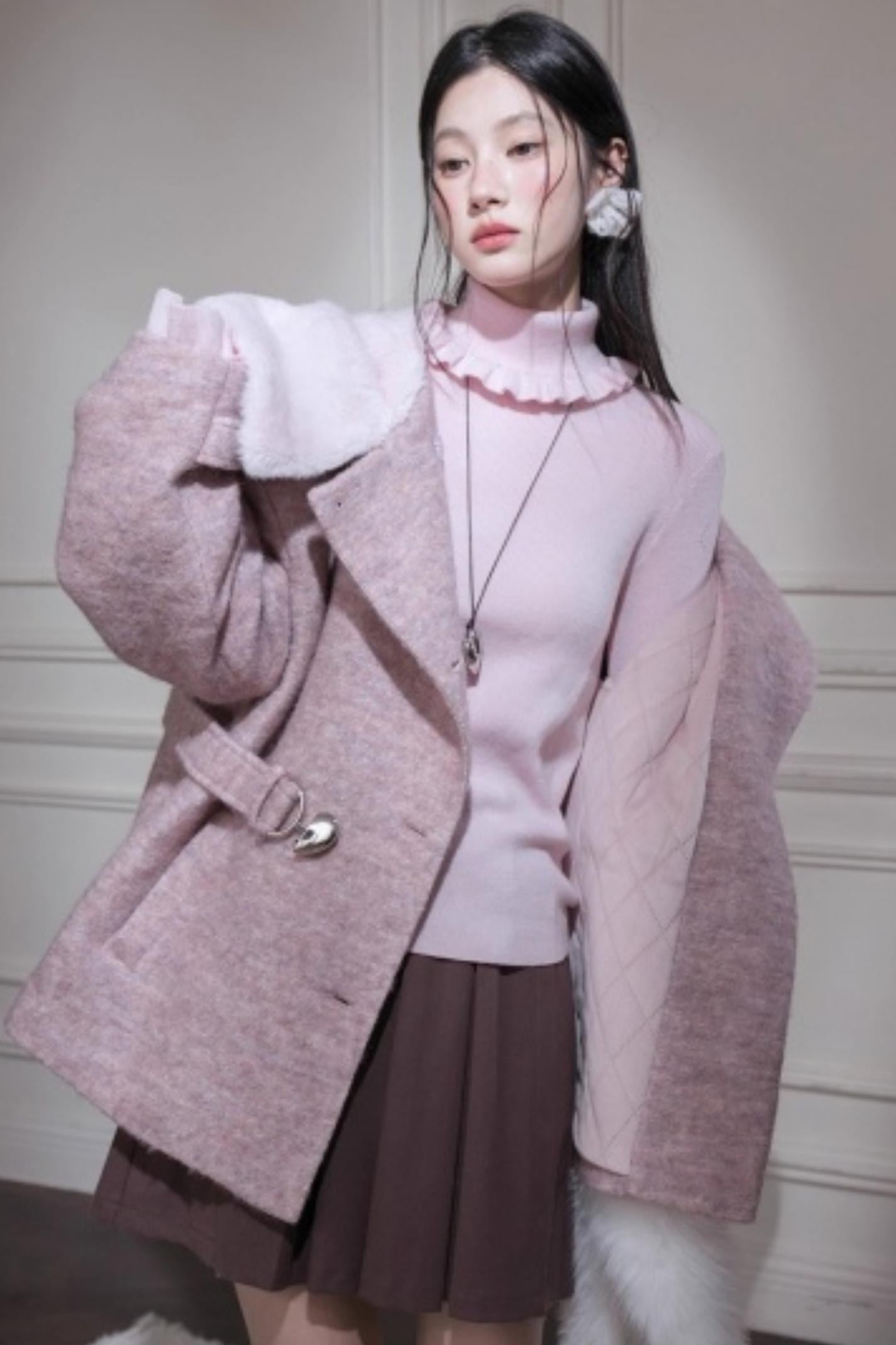 Cream Pink Quilted Woolen Coat