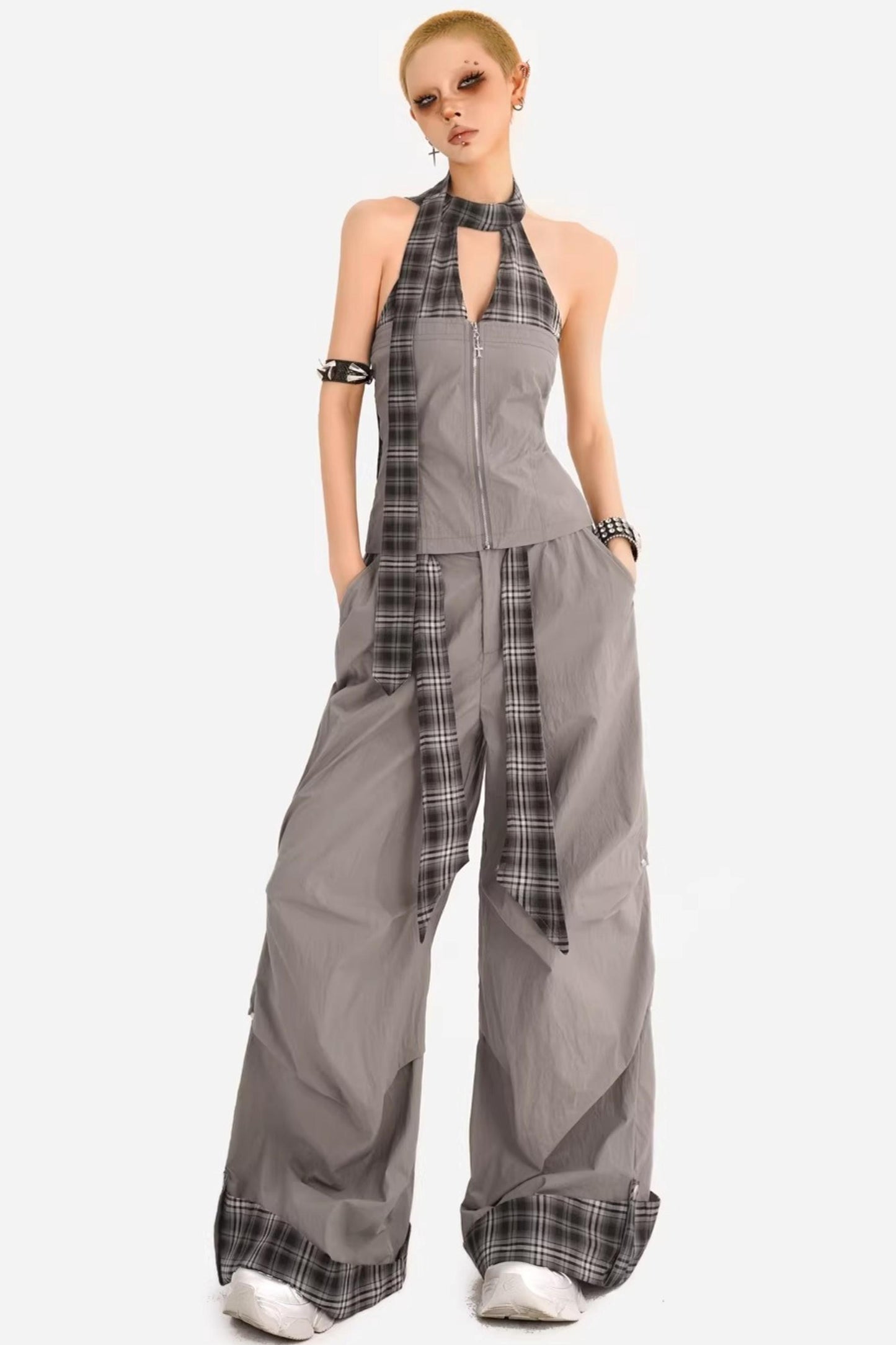 Plaid Halter Vest V-Neck Suit Set-Up