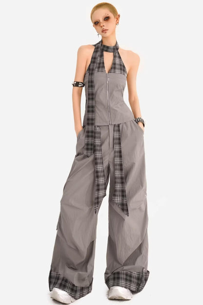 Plaid Halter Vest V-Neck Suit Set-Up