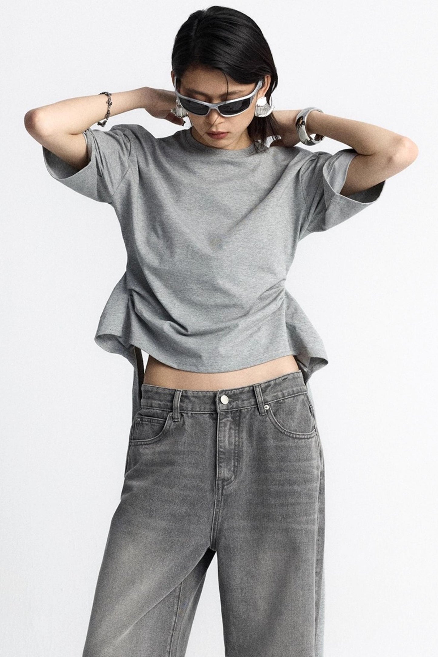 Pinch-Pleated Cut-Out Short Sleeve Summer Top