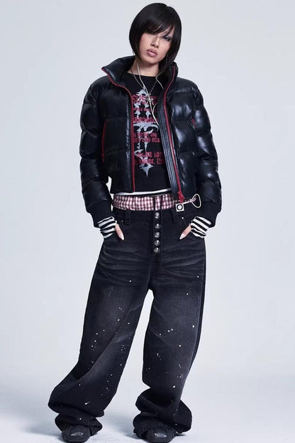 Patchwork Leather Fur Collar Jacket