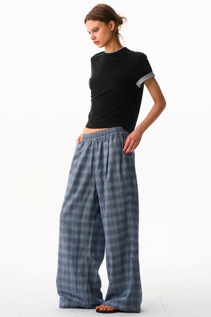 Blue Plaid Wide-Leg Pants