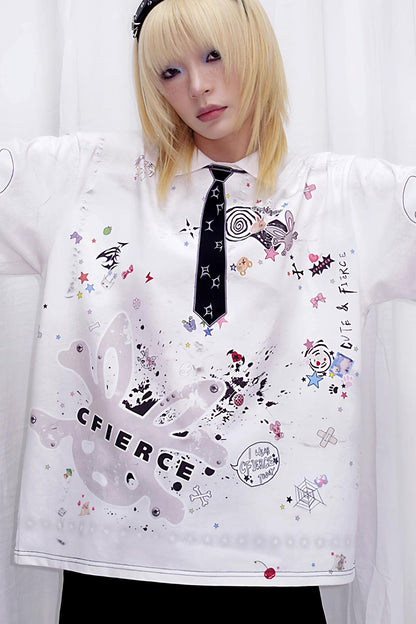 Sticker Print Embroidered Tie Polo Shirt