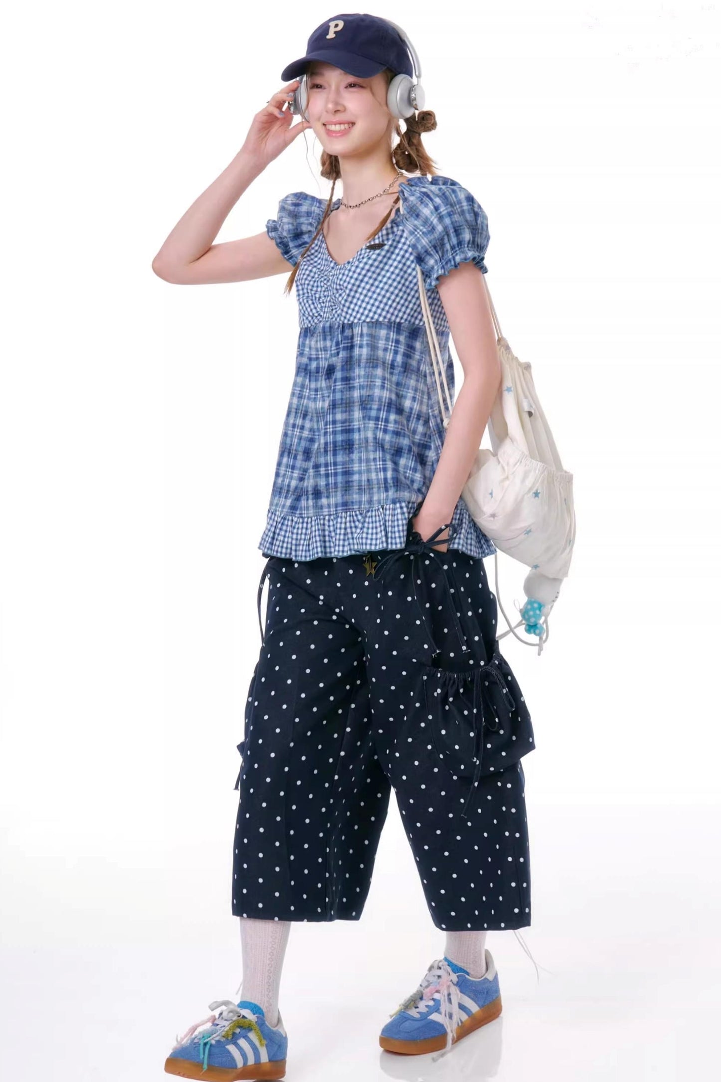 Checkered Plaid Puff Sleeve T-Shirt