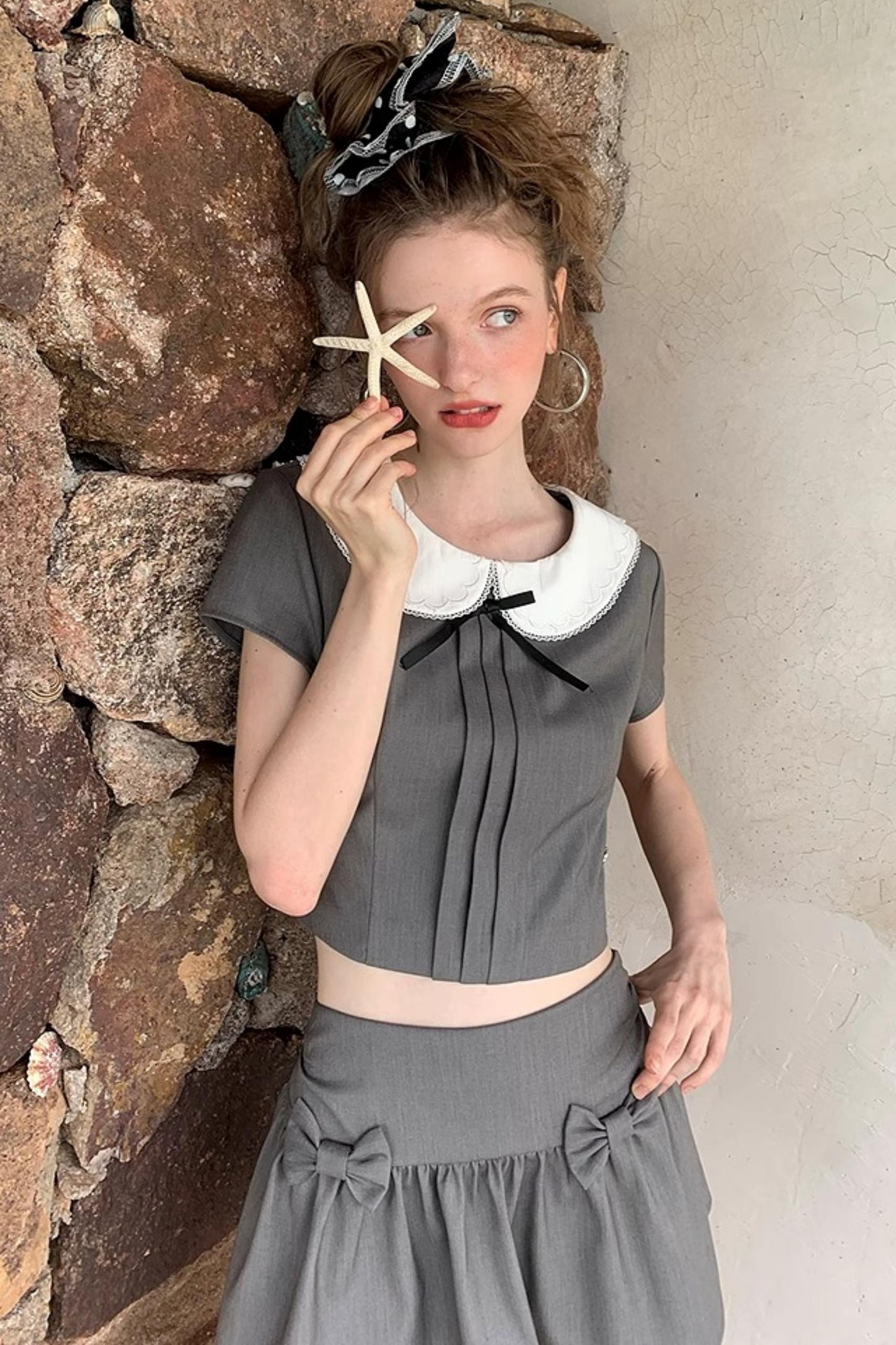 Gray Bowknot Halter Skirt Set-Up