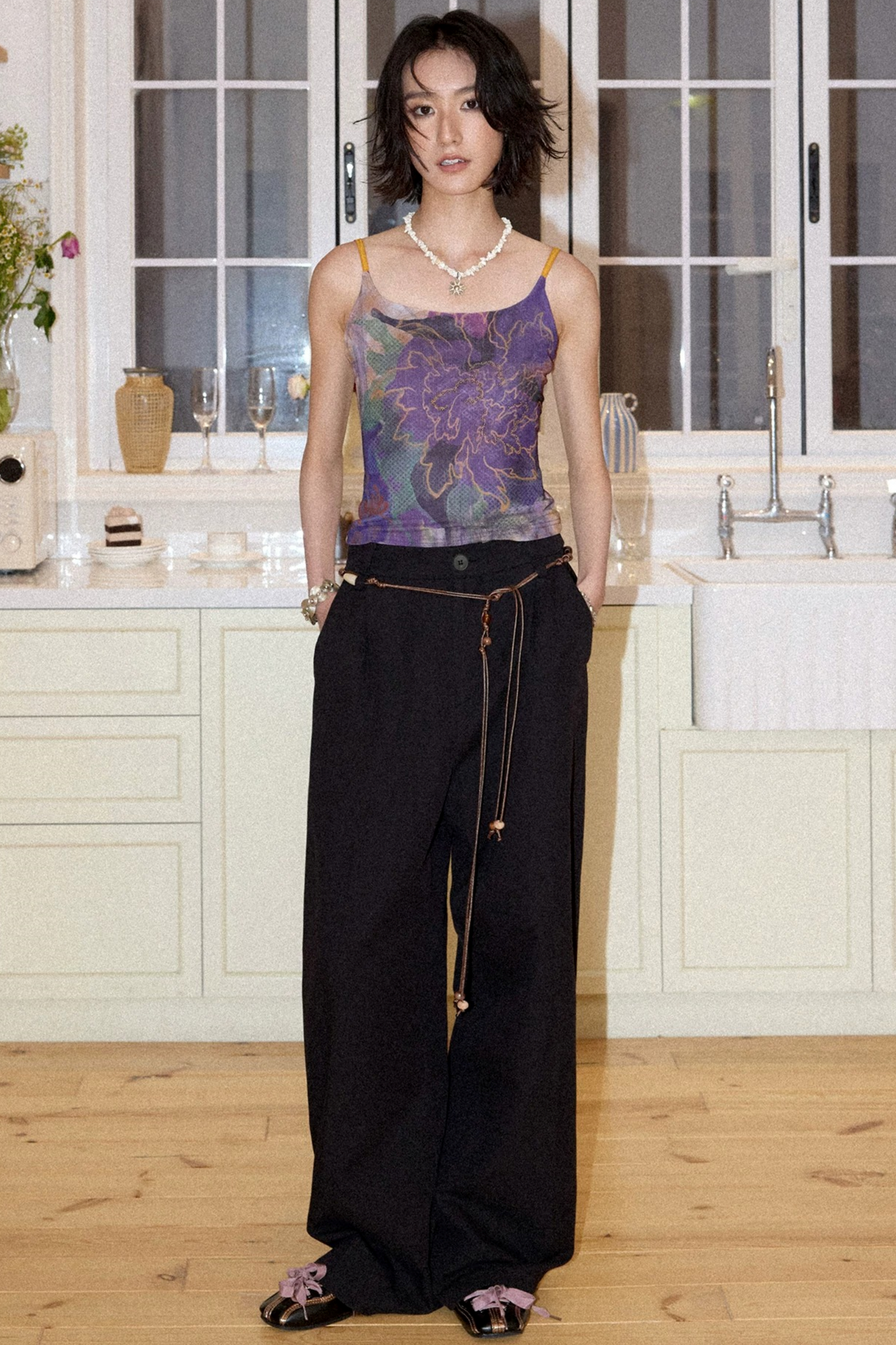 Floral Rhinestone Mesh Camisole