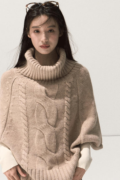 Moon Wool Twist Knit Cape Sweater Set-Up