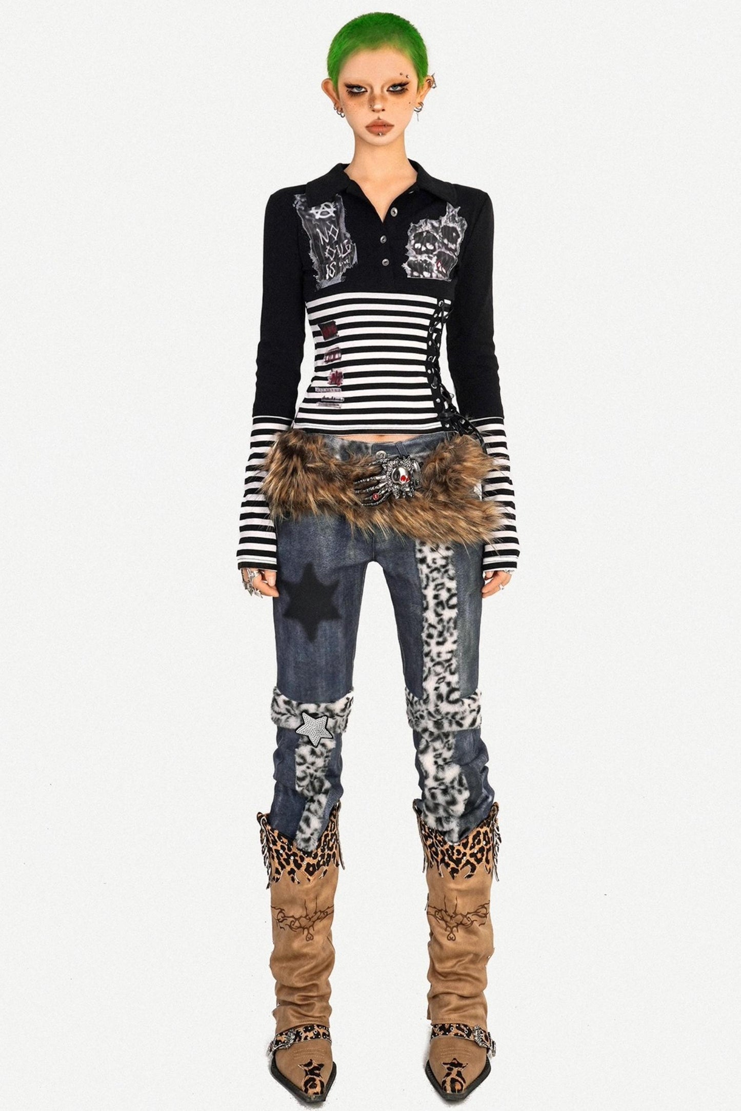 Light Punk Striped Patchwork Long Sleeve T-Shirt