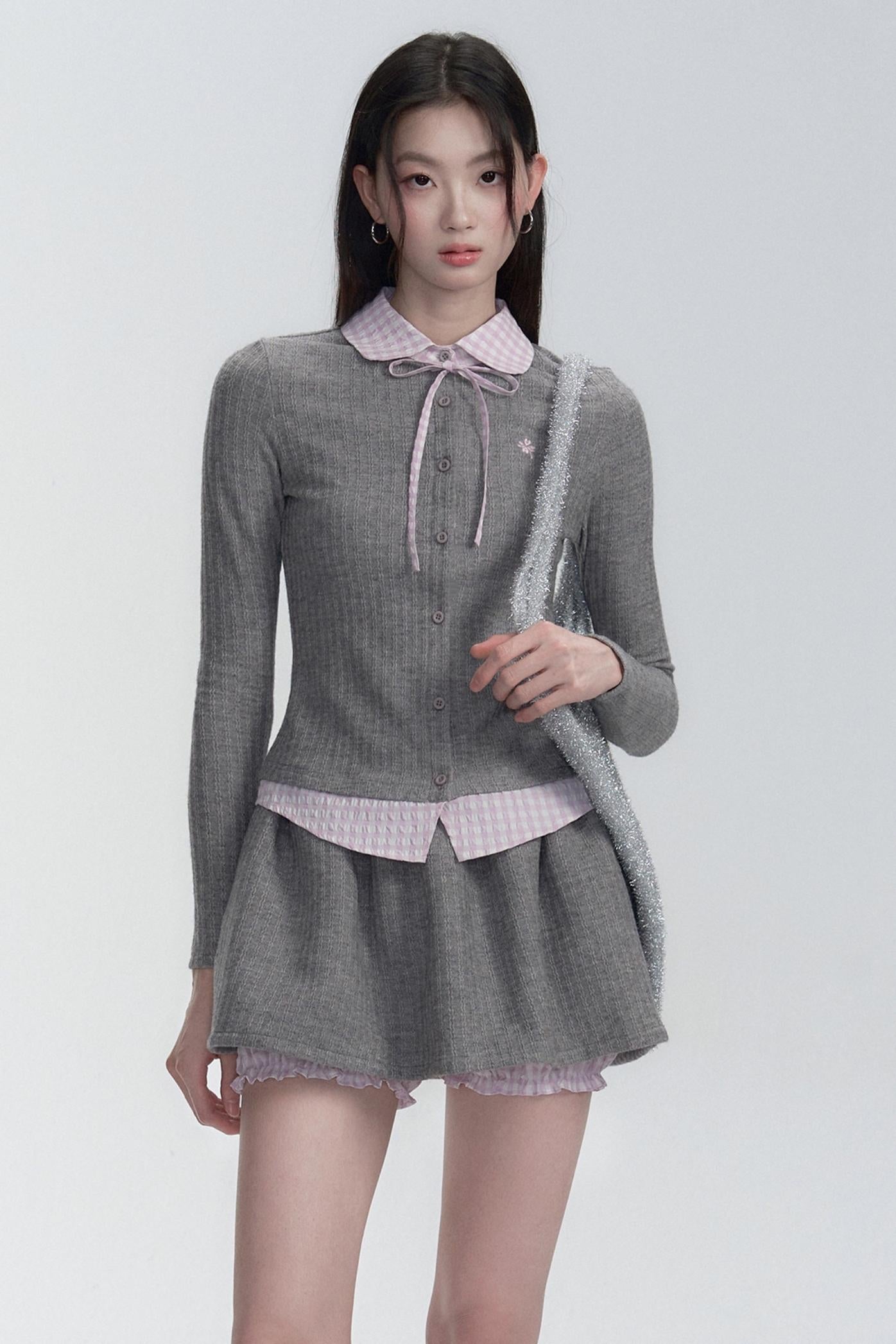 Pink-Gray Check Knit Top Set-Up