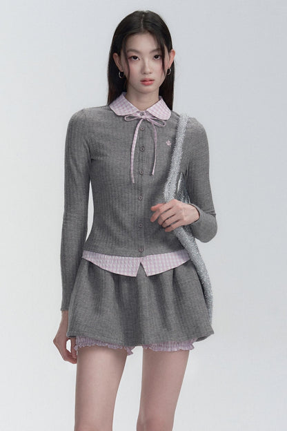 Pink-Gray Check Knit Top Set-Up