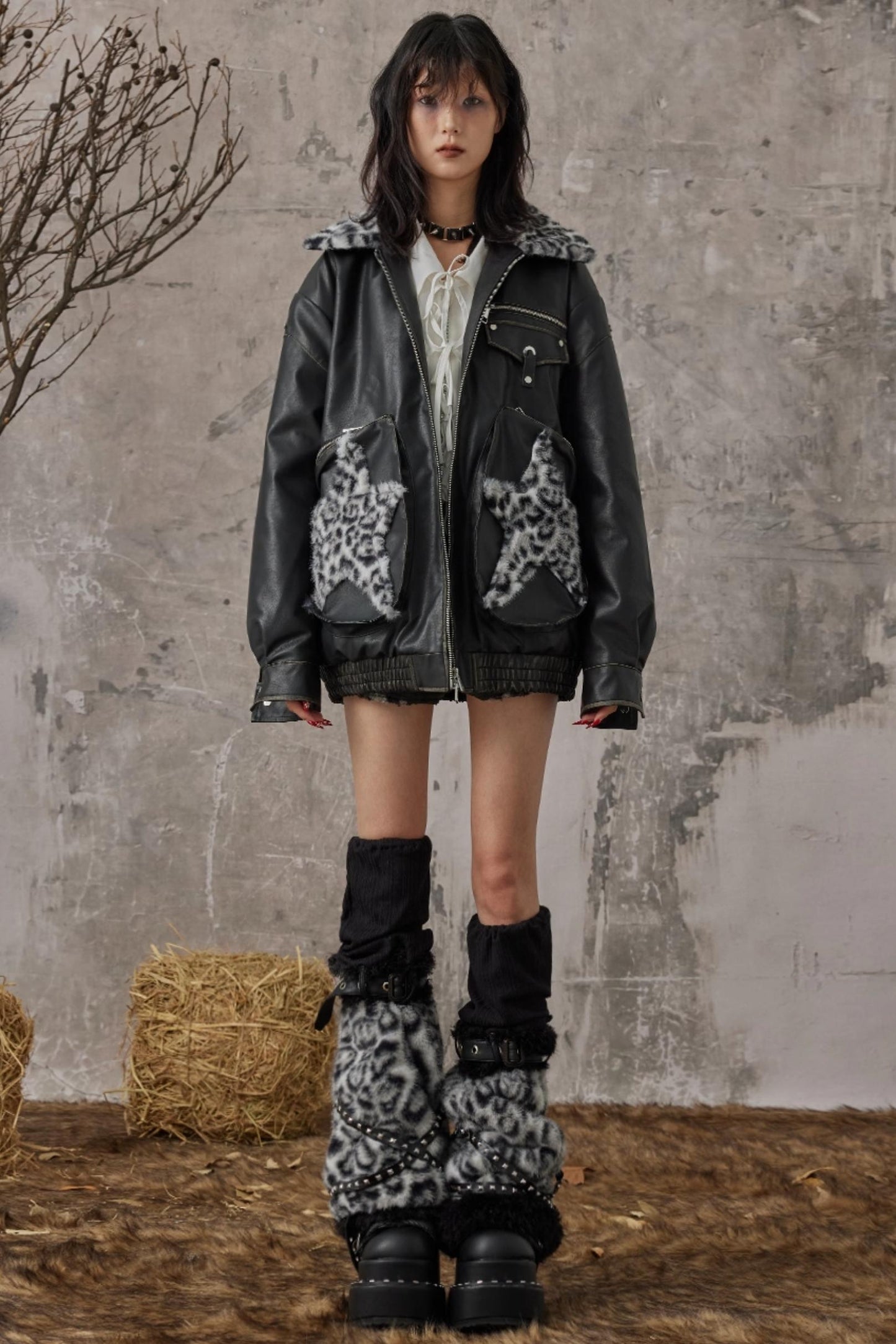 Star Leopard Print Vintage Leather Jacket