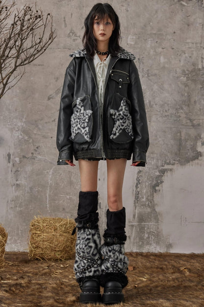 Star Leopard Print Vintage Leather Jacket