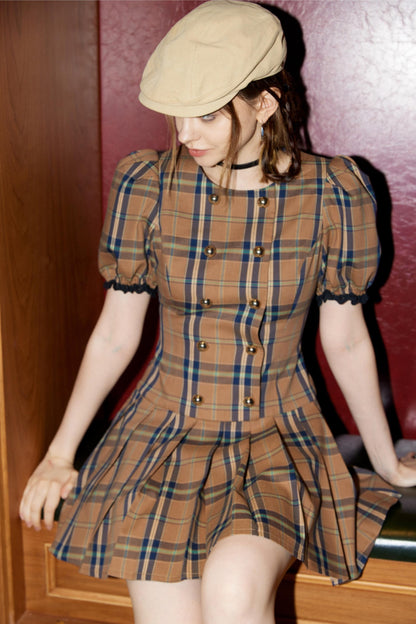 Bubble Sleeves Plaid Dress