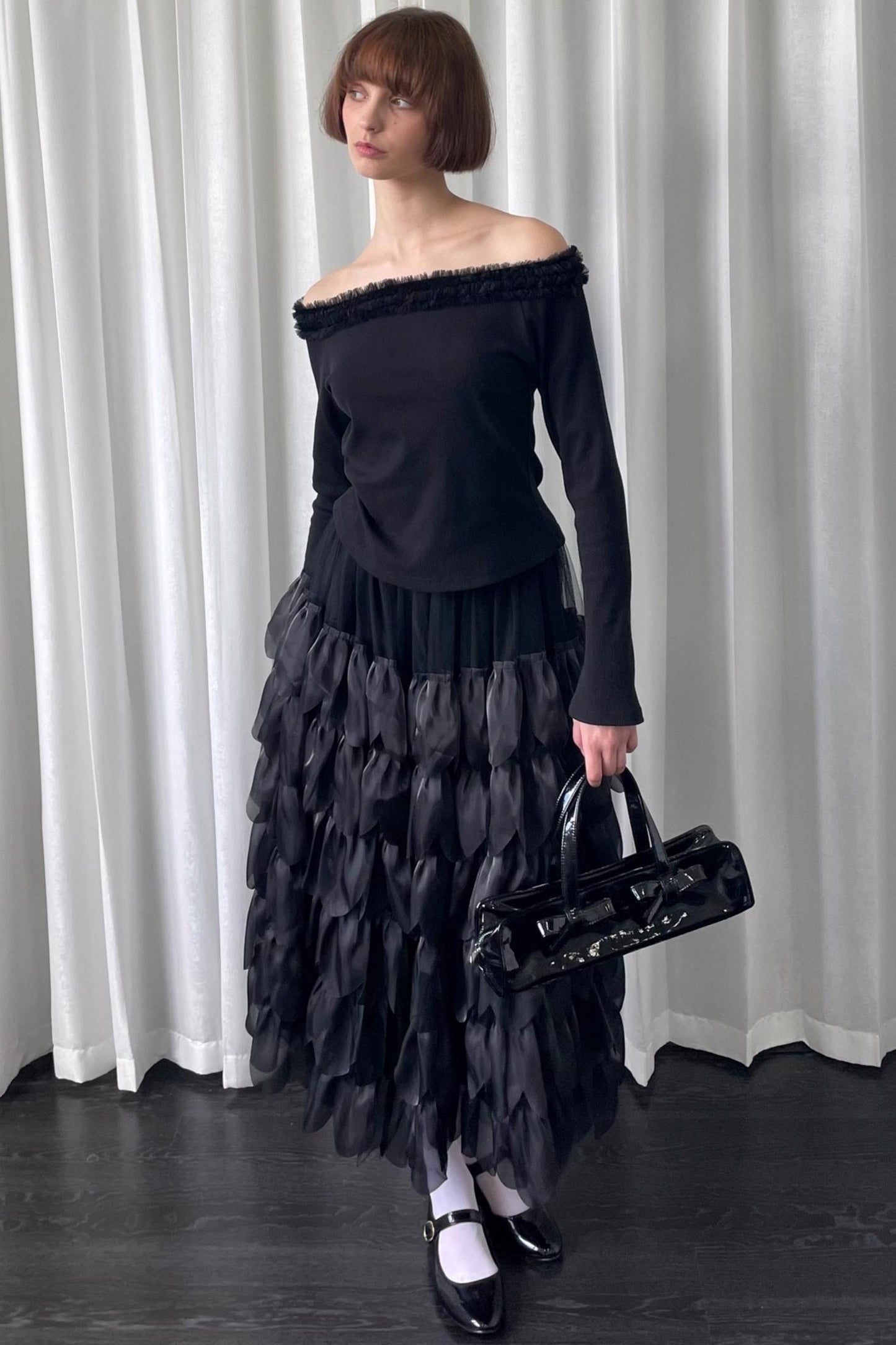 Petal Black Mesh Midi Skirt