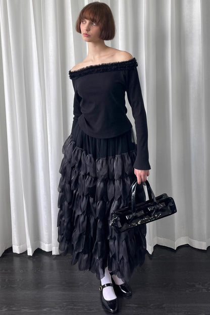 Petal Black Mesh Midi Skirt